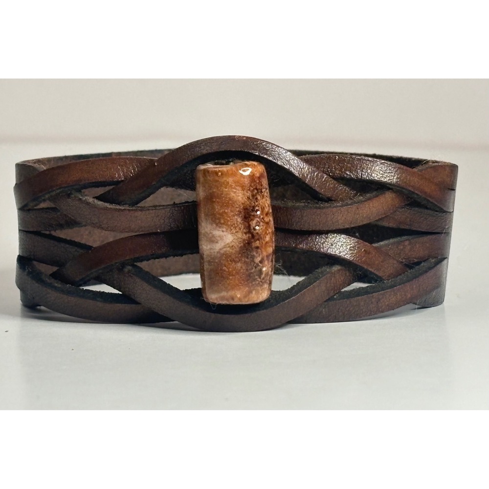 Vintage Brown Leather Braided Cuff Bracelet Unisex Boho Western Stone Bead 7.75"